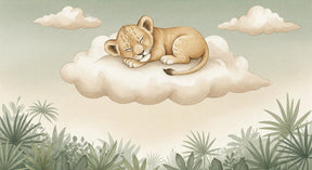 Detailed sleeping lion on cloud mural wallpaper design pattern with green foliage by Kids-Mundo