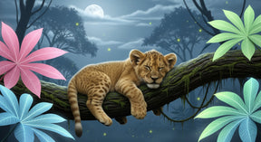 Detailed sleeping lion cub wallpaper design pattern with moonlit branch by Kids-Mundo