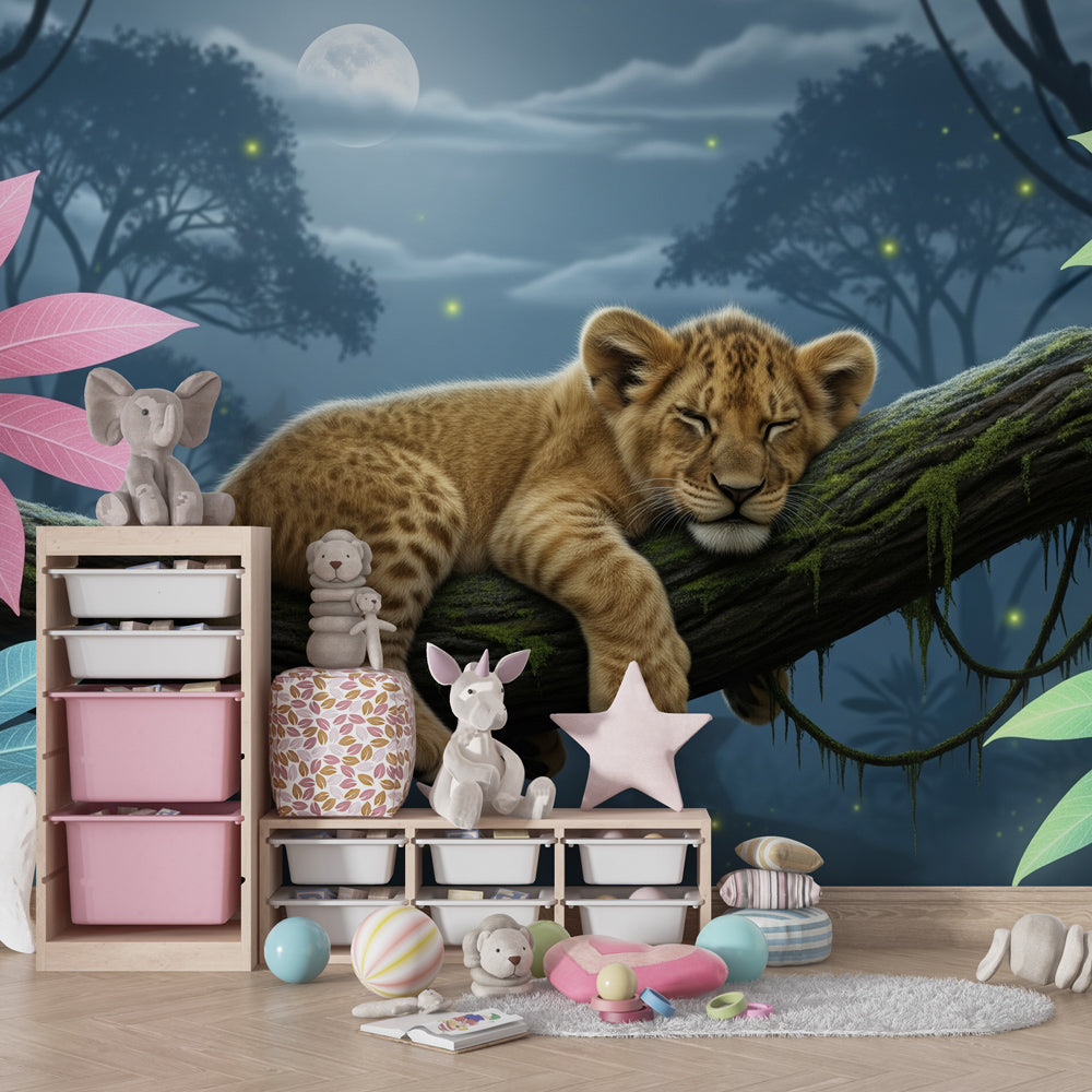 Animal themed sleeping lion wallpaper for calming kids room decor by Kids-Mundo