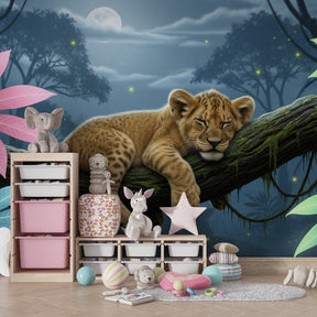 Animal themed sleeping lion wallpaper for calming kids room decor by Kids-Mundo