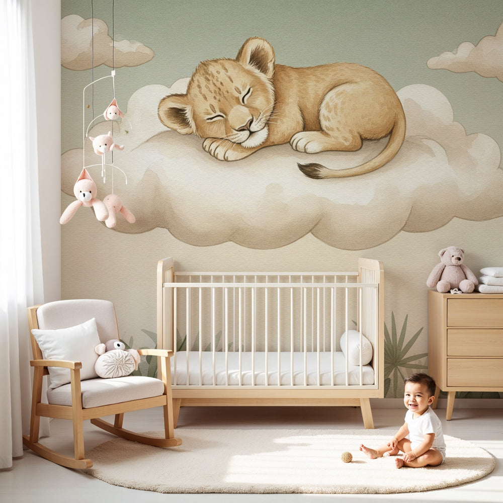 Sleeping lion mural wallpaper in serene baby nursery with light wood crib by Kids-Mundo