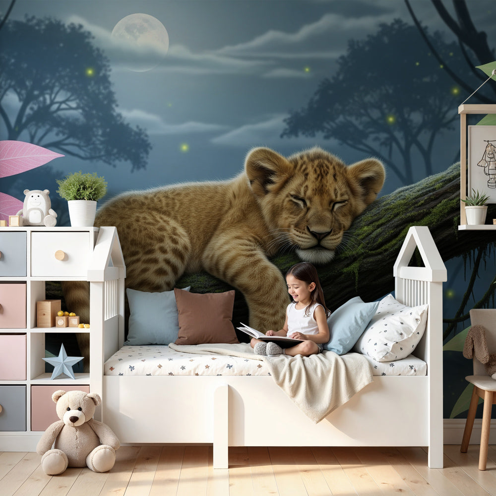 Sleeping lion cub mural wallpaper creating peaceful nursery atmosphere by Kids-Mundo