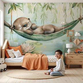 Peaceful otter hammock wallpaper in modern baby bedroom with soft blue green nature decor