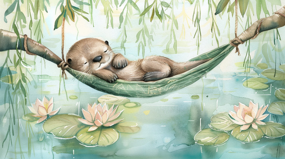 Detailed sleeping otter and water lily mural wallpaper design pattern by Kids-Mundo