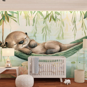 Water lily otter mural wallpaper transforming toddler room into serene aquatic sanctuary
