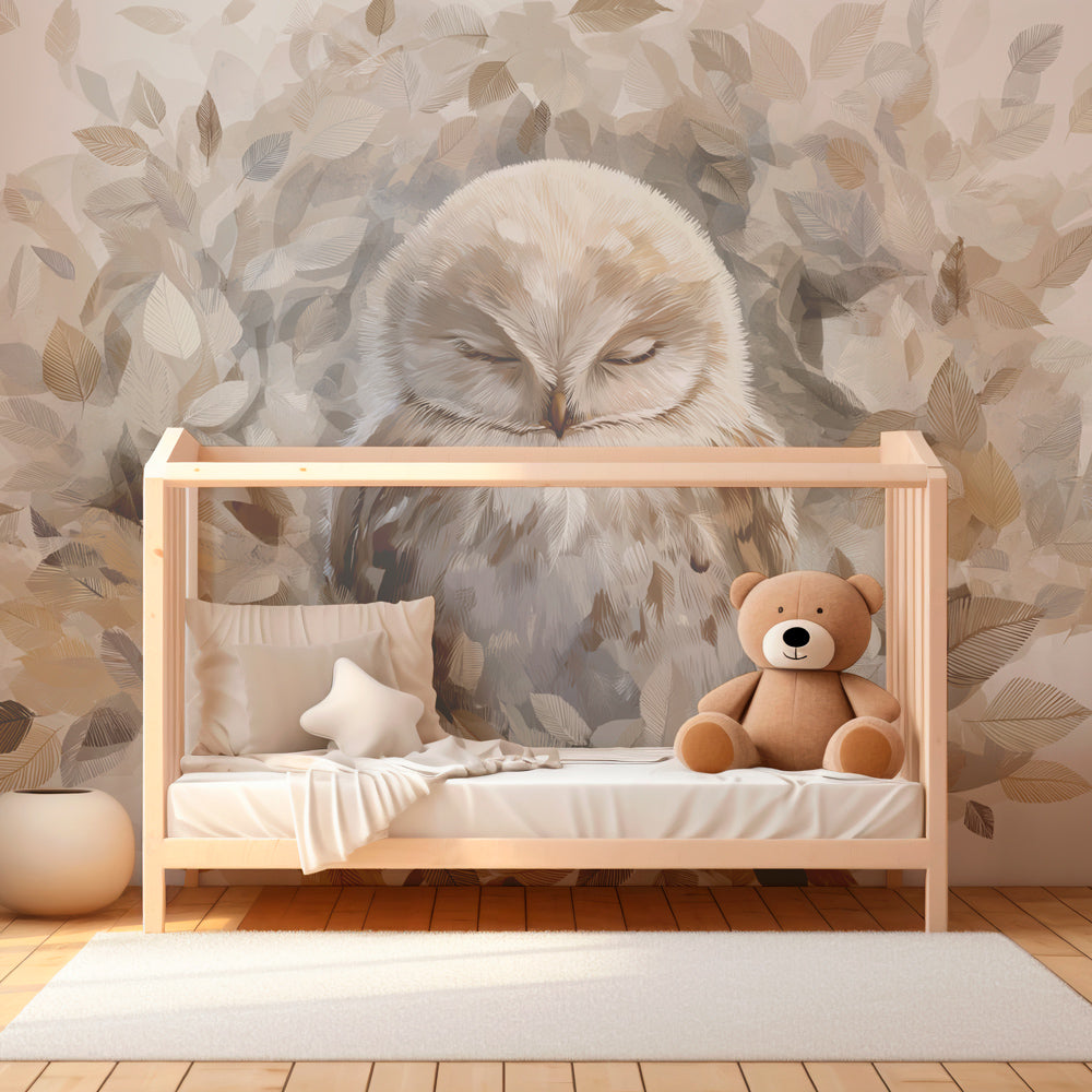 Owl wallpaper with leaves design decorating cozy children's bedroom with natural wood furniture