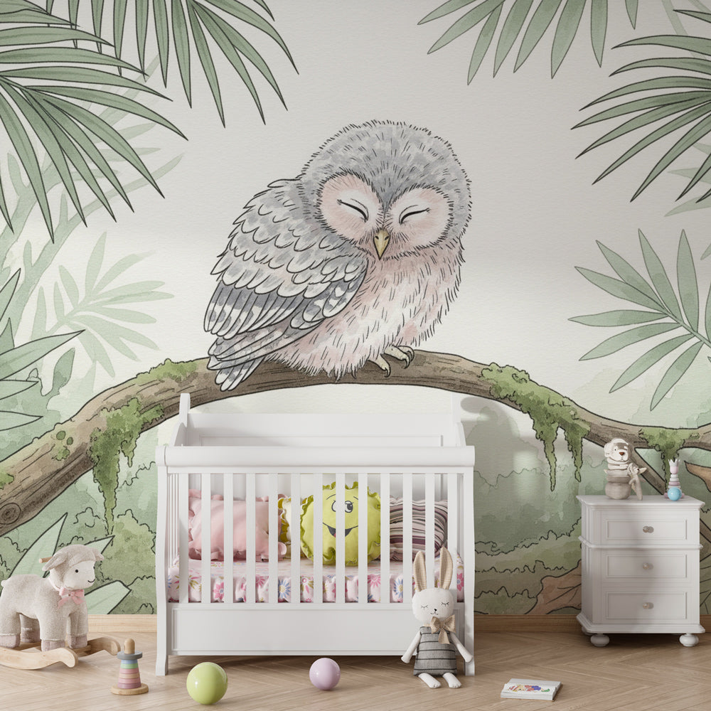 Jungle owl wallpaper creating serene atmosphere in children's bedroom decor