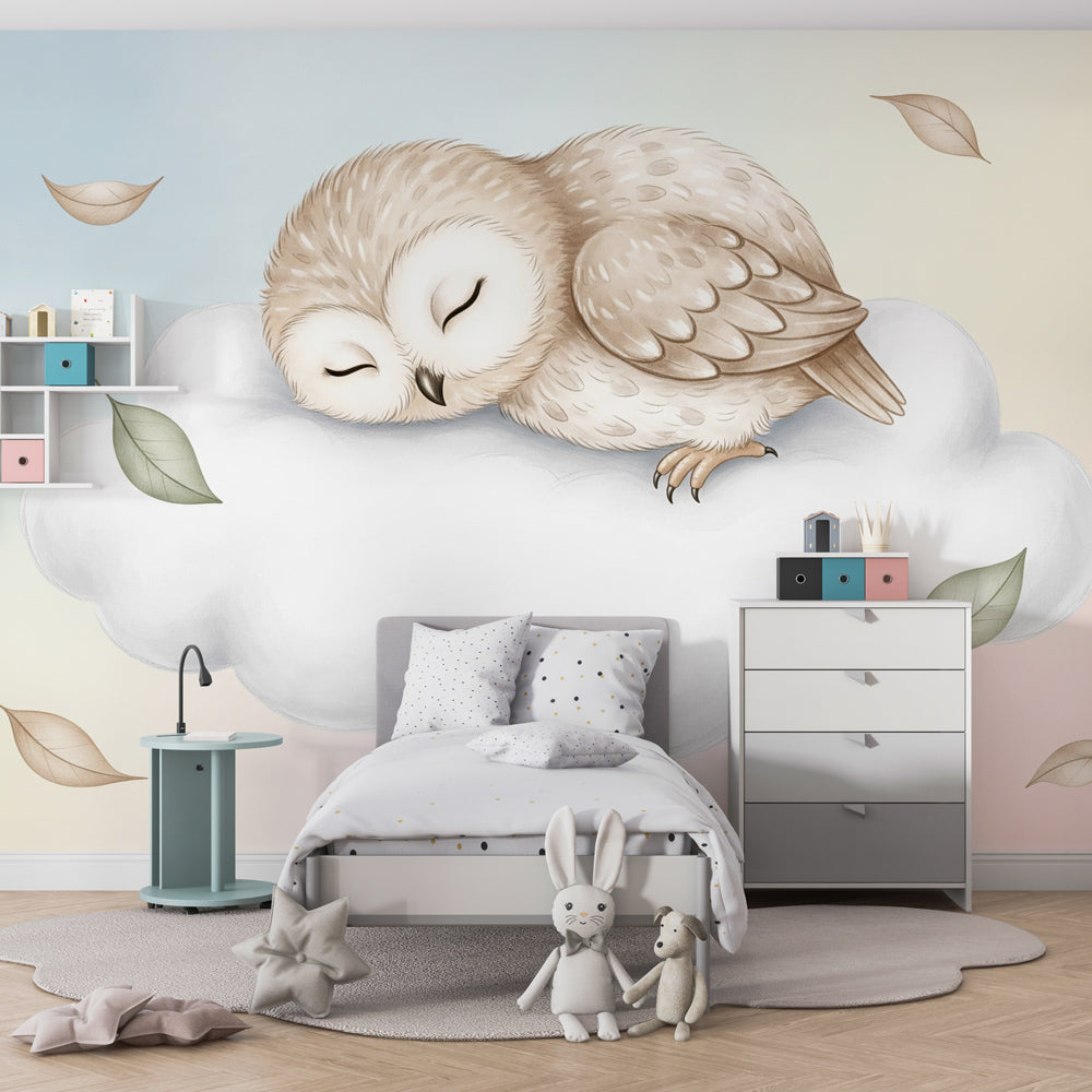 Peaceful owl mural wallpaper creating cozy reading nook in children's room by Kids-Mundo