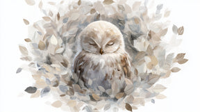 Detailed sleeping owl with leaves mural wallpaper design pattern showing beige and blue artwork