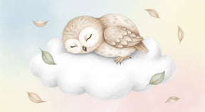 Detailed sleeping owl on cloud mural wallpaper design pattern with floating leaves by Kids-Mundo