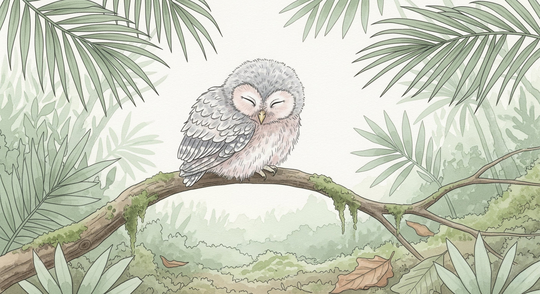 Detailed sleeping owl jungle mural wallpaper design pattern by Kids-Mundo