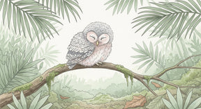 Detailed sleeping owl jungle mural wallpaper design pattern by Kids-Mundo