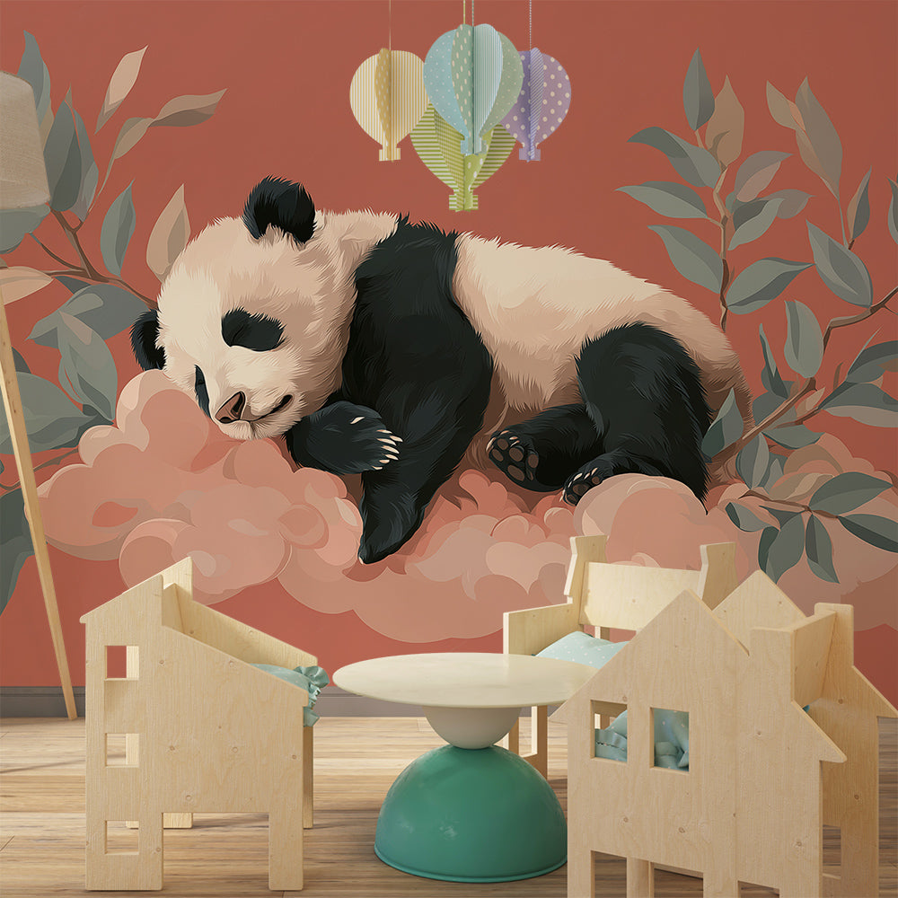 Kids-Mundo sleeping panda wall mural creating a cosy corner in a kids' playroom