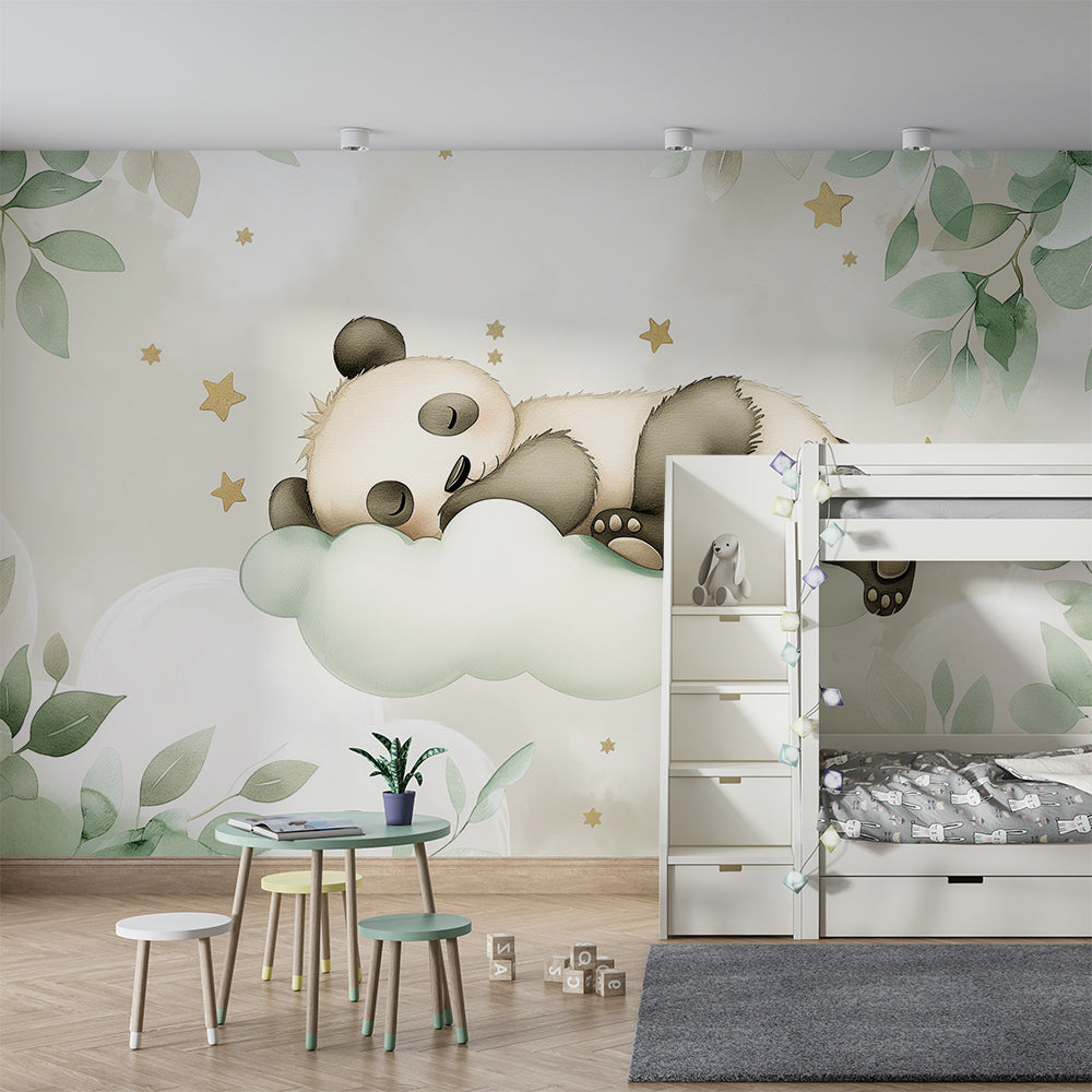 Kids-Mundo panda and cloud wall mural covering a feature wall in a kids bedroom