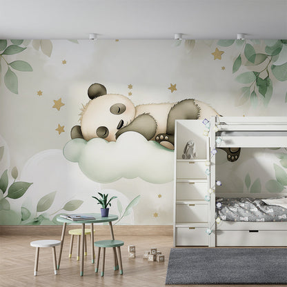 Kids-Mundo panda and cloud wall mural covering a feature wall in a kids bedroom