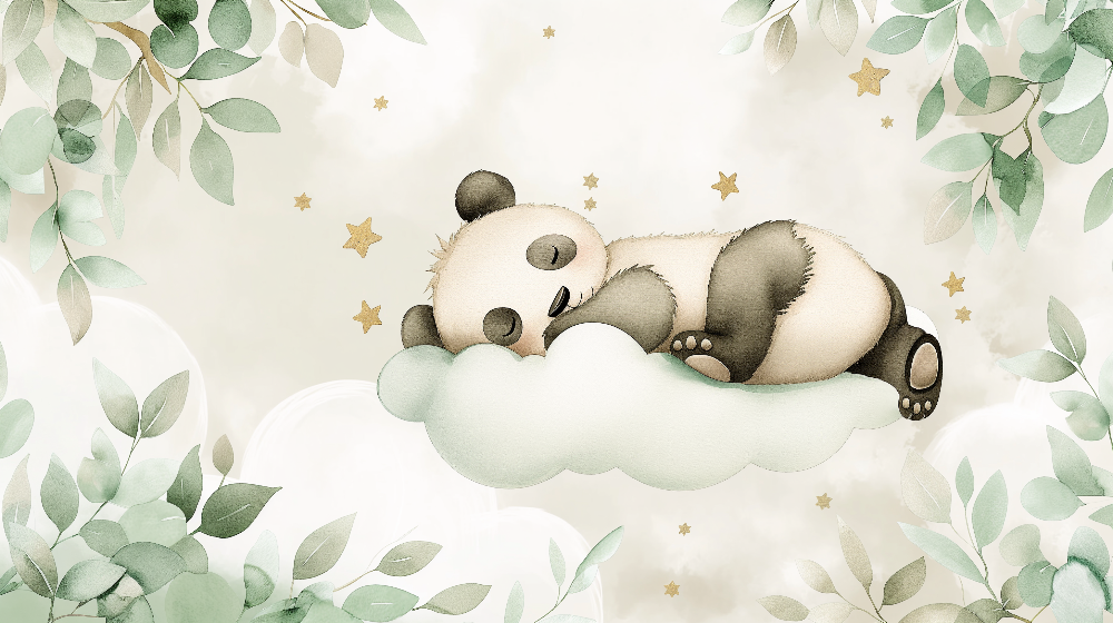 Flat artwork preview of the Kids-Mundo sleepy panda on a cloud wall mural design