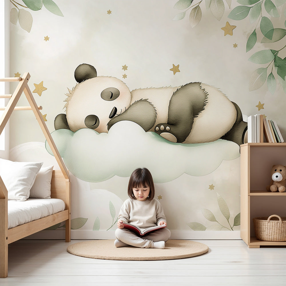 Sleepy panda wall mural by Kids-Mundo installed above a cot in a sage green nursery