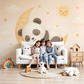 Sleeping panda mural wallpaper in baby nursery with crib and soft lighting by Kids-Mundo