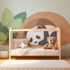 Nature-themed panda wallpaper in modern children's bedroom showcasing calming green botanical elements