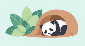 Detailed sleeping panda mural wallpaper design pattern showing forest den with botanical elements by Kids-Mundo