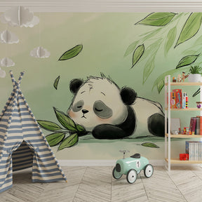 Nature-themed panda wallpaper for kids room with soft green and beige tones
