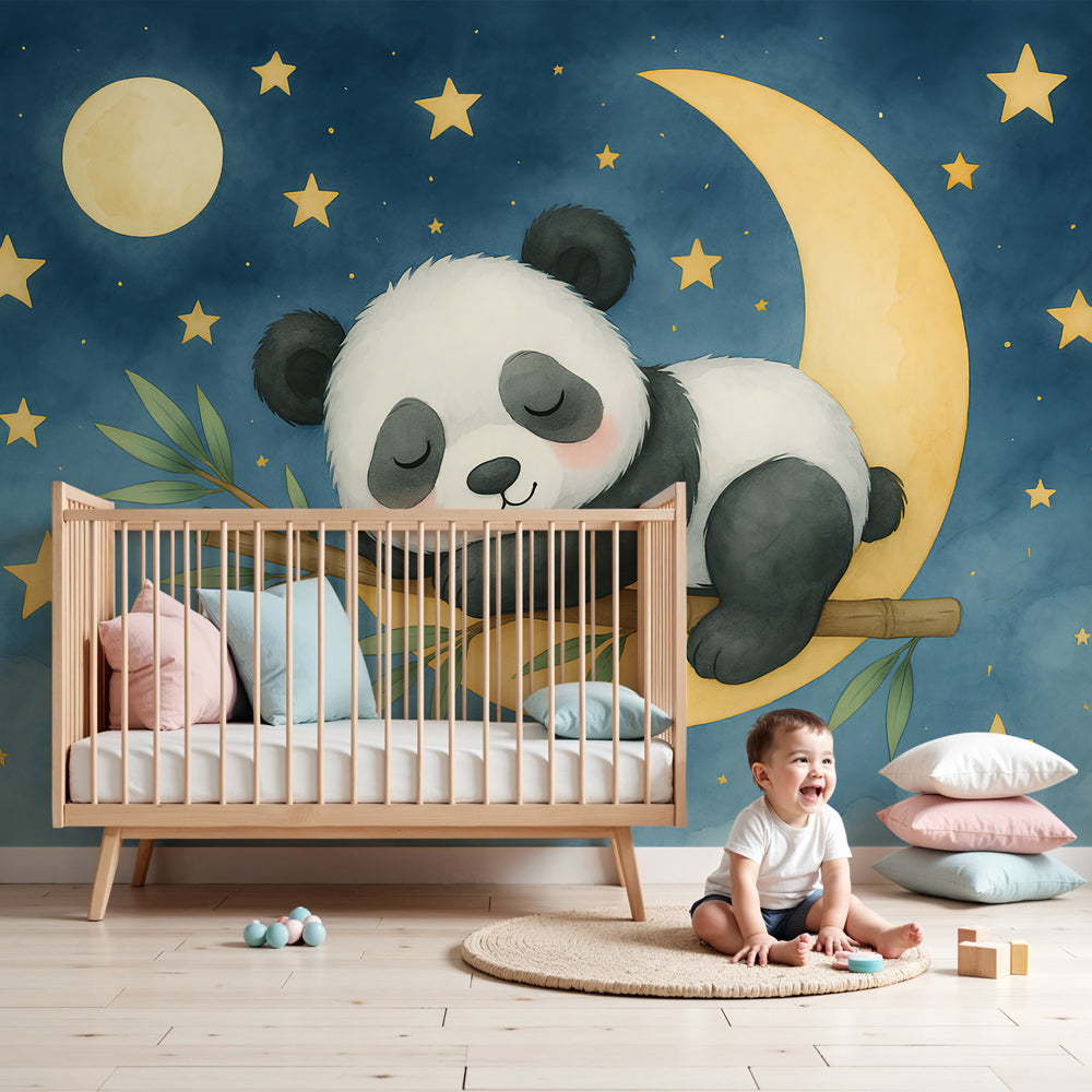 Sleeping panda mural wallpaper creating peaceful nursery atmosphere with starry night theme by Kids-Mundo