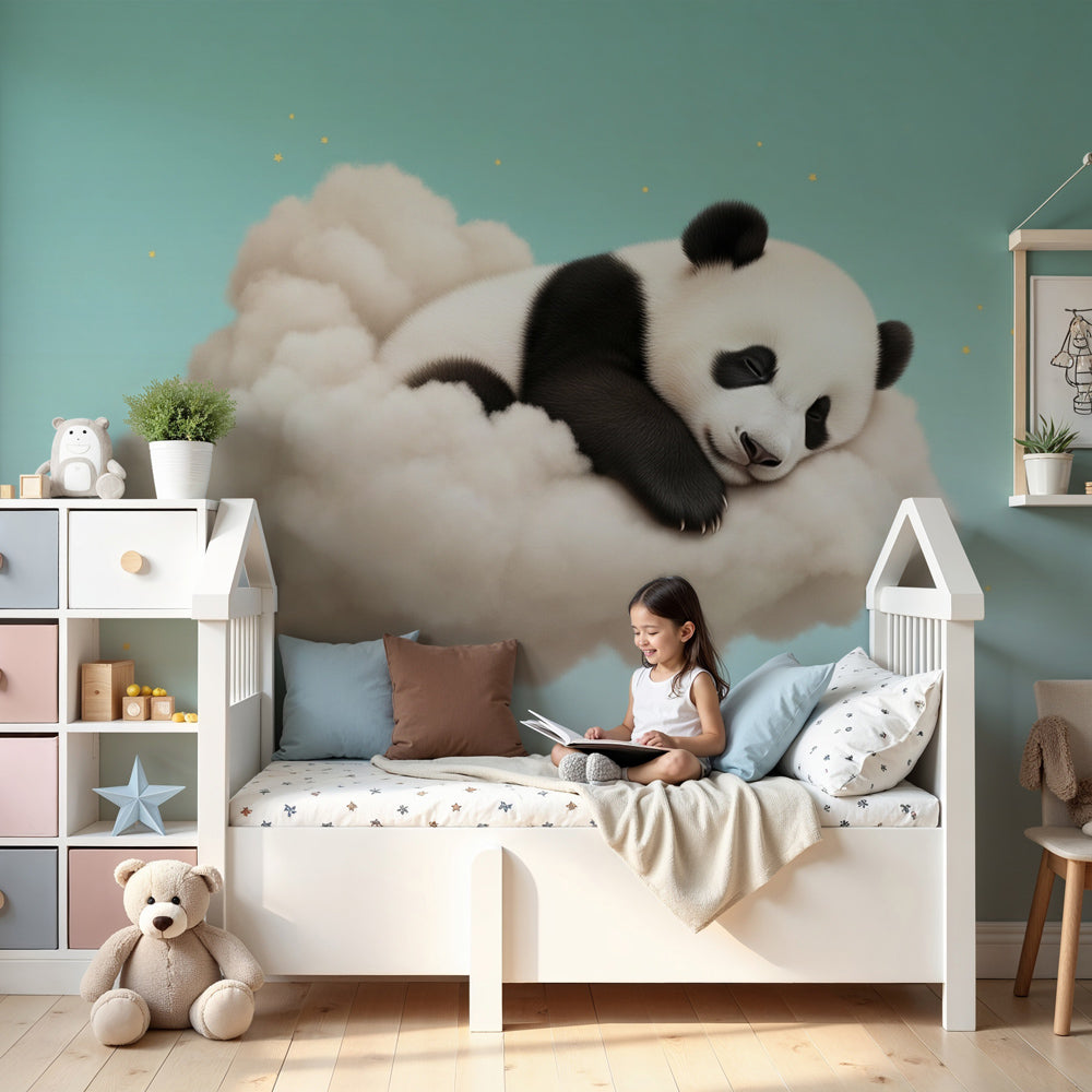 Sleeping panda cloud mural wallpaper in modern nursery with natural wood crib by Kids-Mundo