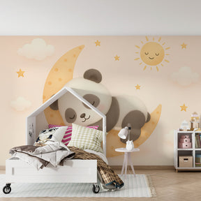 Peaceful panda nursery wallpaper with wooden furniture and plush toys decor setup