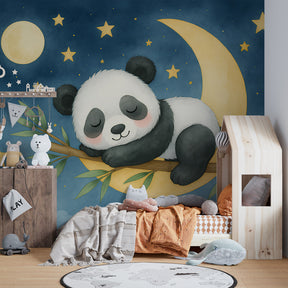 Starry night panda wallpaper transforming children's room into dreamy sanctuary with golden stars