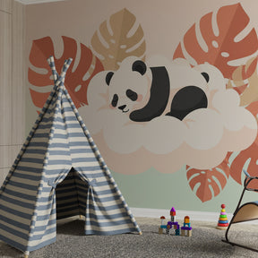 Tropical panda mural wallpaper for kids room with terracotta and sage color scheme