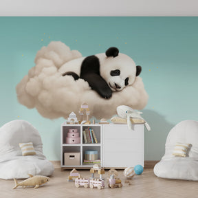 Cloud and panda mural wallpaper complementing natural wood furniture in children's room setting