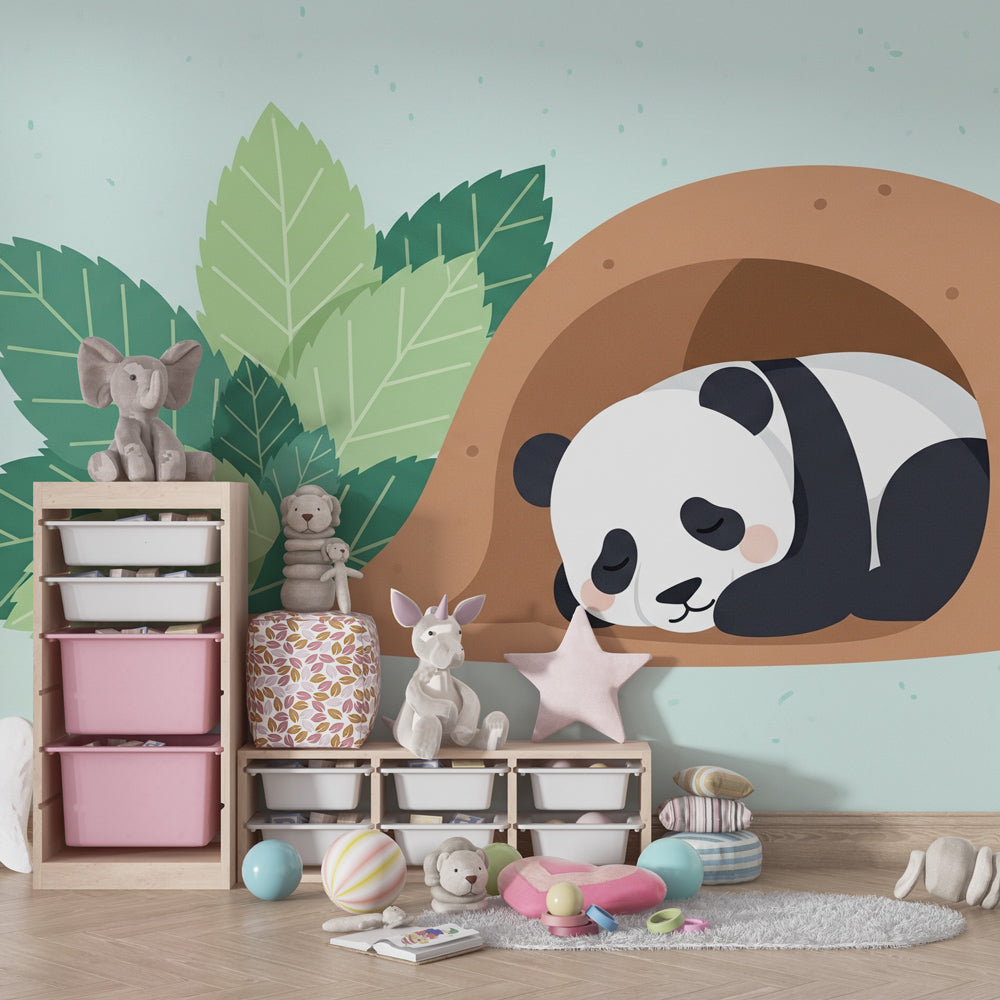 Cozy panda den mural wallpaper transforming toddler room into peaceful woodland sanctuary by Kids-Mundo
