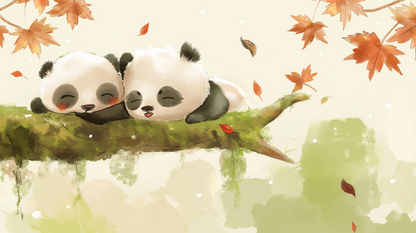 Kids-Mundo flat artwork of two sleeping pandas on a branch with autumn maple leaves