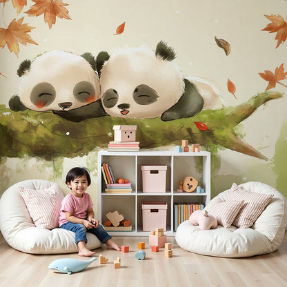 Kids-Mundo sleeping pandas wall mural with autumn leaves styled in a nursery