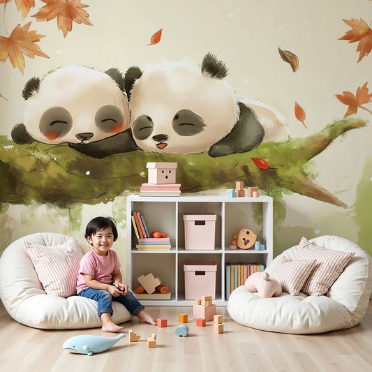 Kids-Mundo sleeping pandas wall mural with autumn leaves styled in a nursery