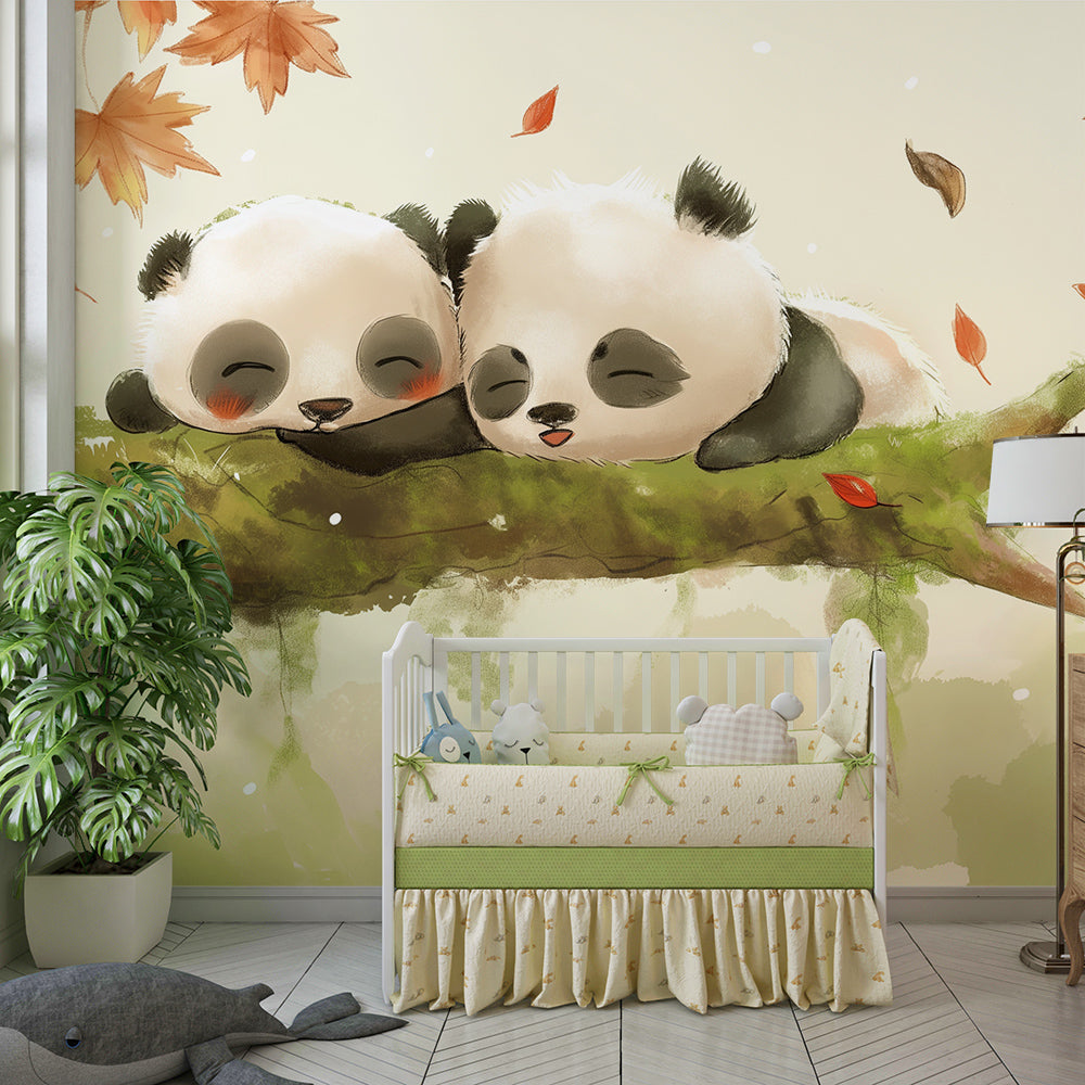 Kids-Mundo autumn panda wall mural with falling leaves in a cosy playroom