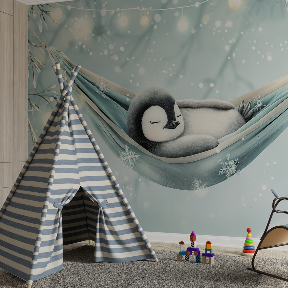 Kids-Mundo penguin hammock wall mural fitted in a quiet playroom reading corner