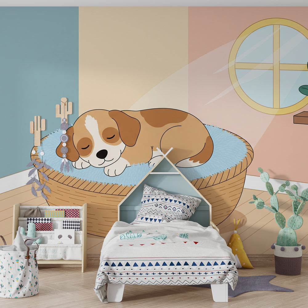 Golden puppy basket wallpaper creating peaceful kids bedroom atmosphere by Kids-Mundo