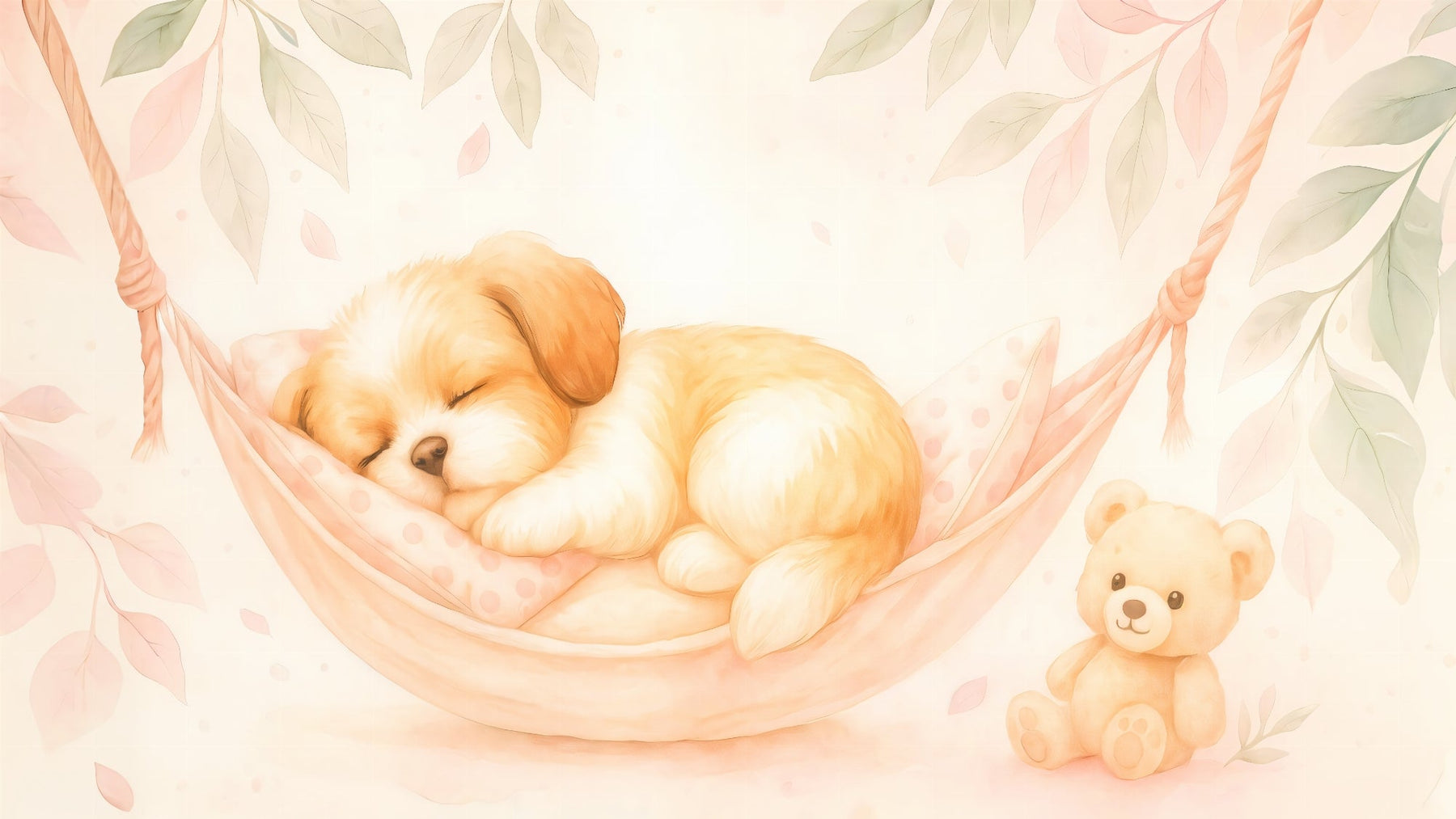 Detailed sleeping puppy and teddy bear mural wallpaper design pattern by Kids-Mundo