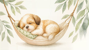 Detailed sleeping puppy in hammock mural wallpaper design pattern with botanical elements by Kids-Mundo