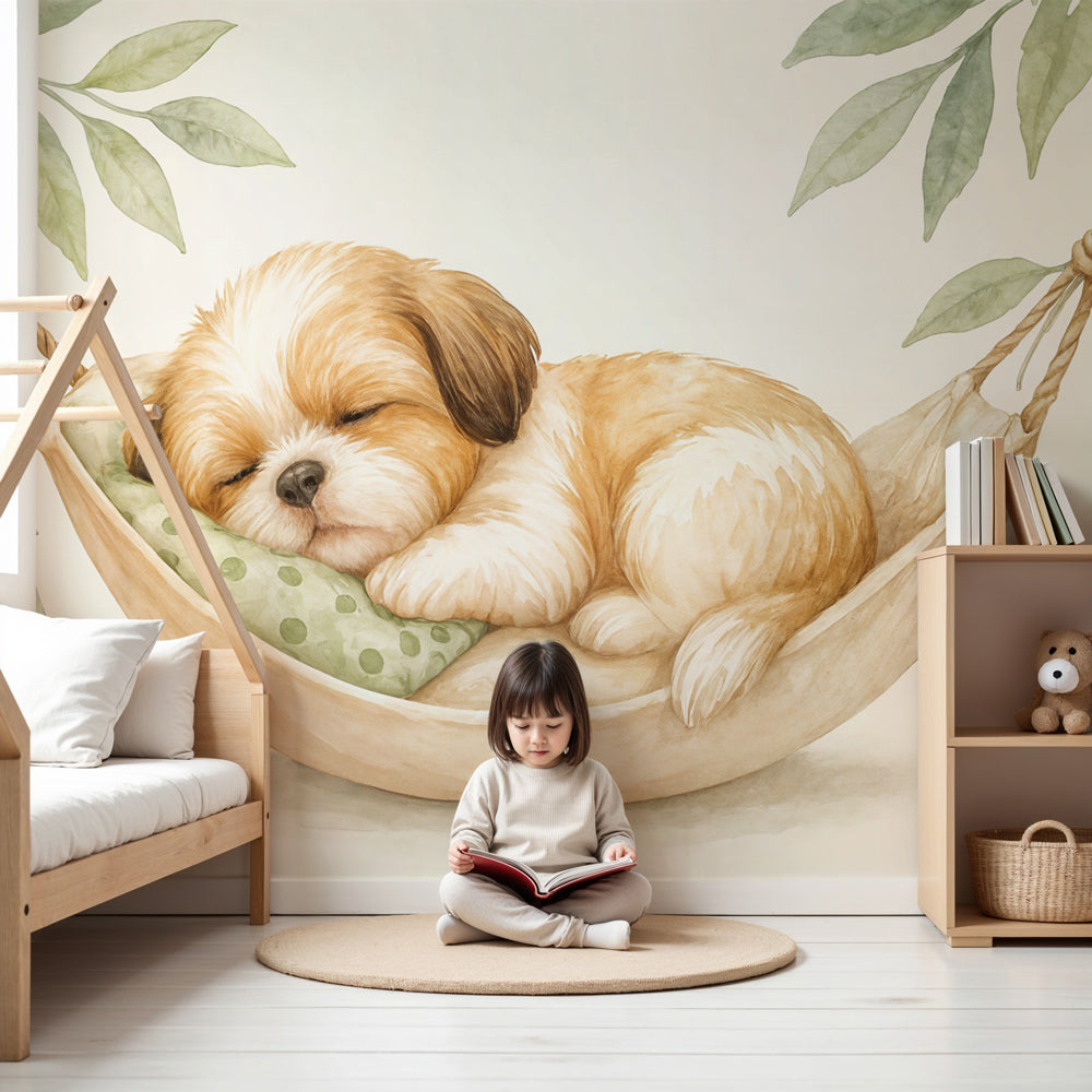 Sleeping puppy mural wallpaper in peaceful nursery setting with natural decor by Kids-Mundo