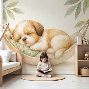 Sleeping puppy mural wallpaper in peaceful nursery setting with natural decor by Kids-Mundo