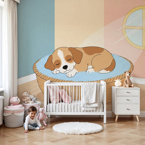 Sleeping puppy mural wallpaper in cozy nursery setting with natural decor by Kids-Mundo