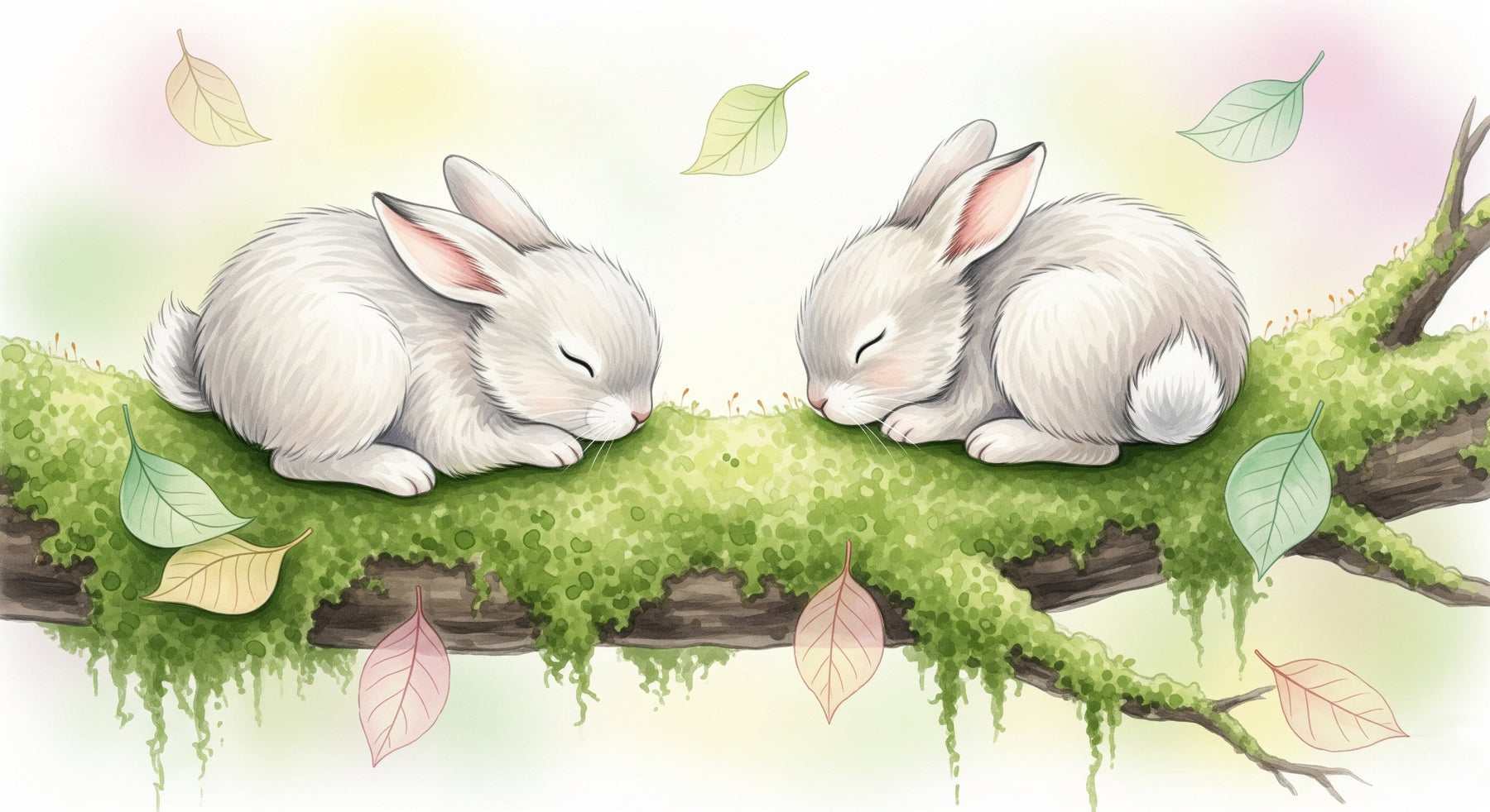 Detailed sleeping rabbits mural wallpaper design pattern with moss branches by Kids-Mundo