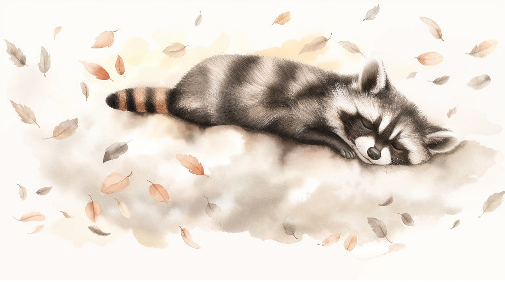 Detailed sleeping raccoon among leaves mural wallpaper design pattern by Kids-Mundo