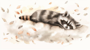 Detailed sleeping raccoon among leaves mural wallpaper design pattern by Kids-Mundo