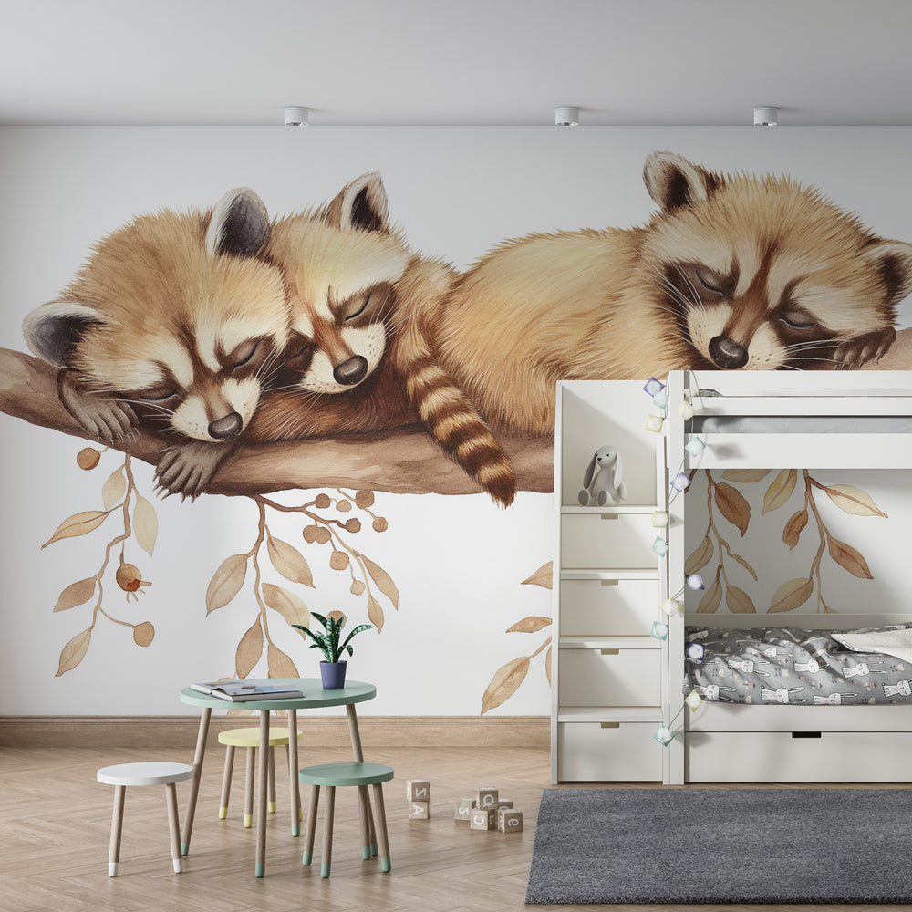 Peaceful raccoon wall decor with natural wood furniture in kids room by Kids-Mundo