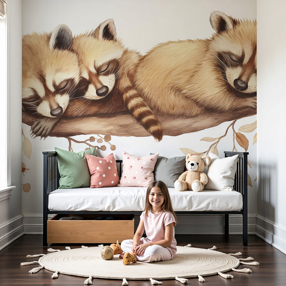 Sleeping raccoon mural wallpaper creating peaceful woodland nursery decor by Kids-Mundo