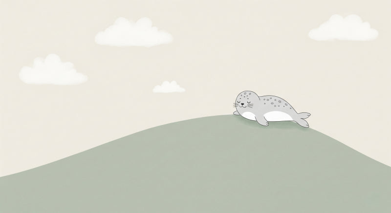 Detailed sleeping seal mural wallpaper design pattern with gentle hill and clouds by Kids-Mundo