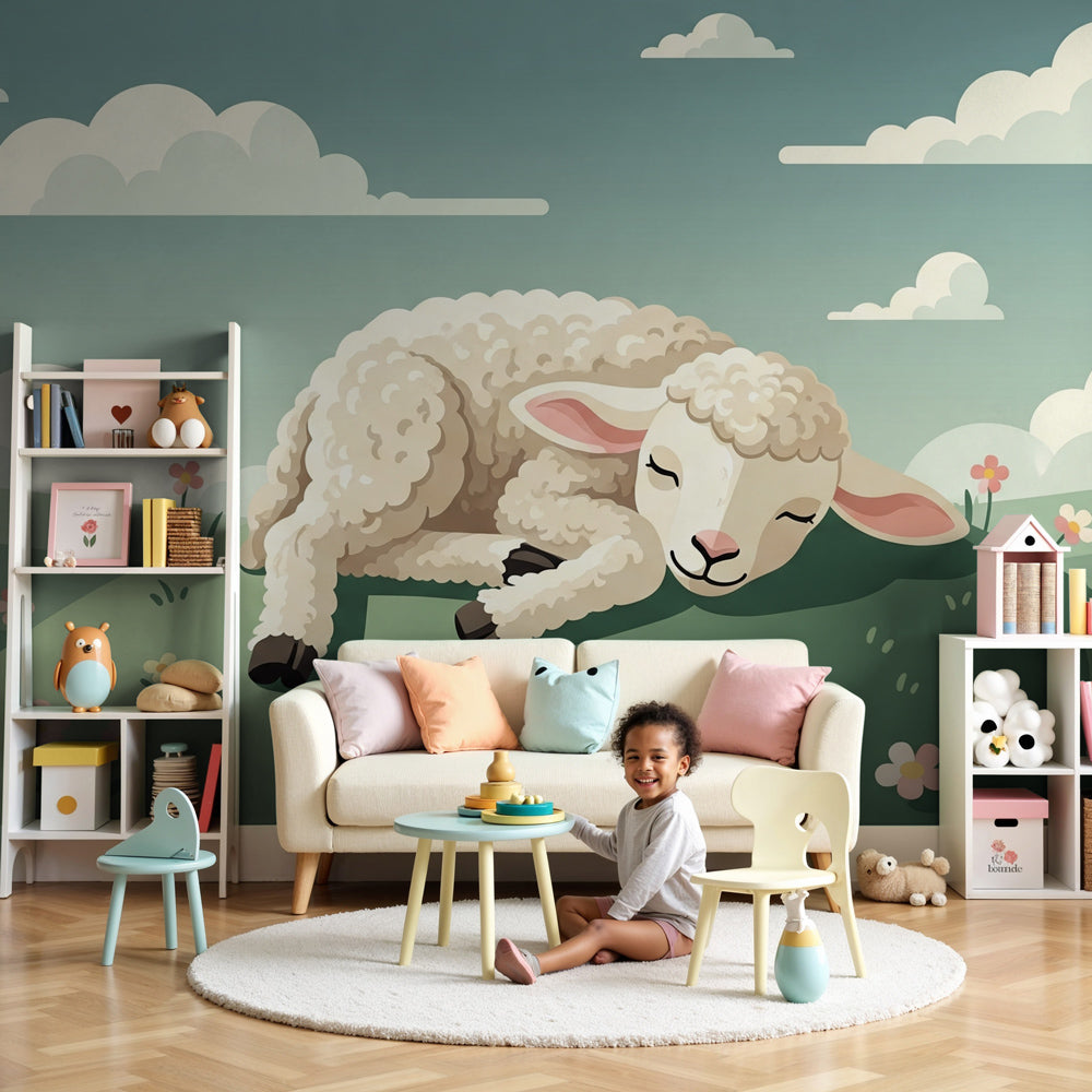 Sleeping sheep mural wallpaper in peaceful nursery setting with natural wood furniture by Kids-Mundo